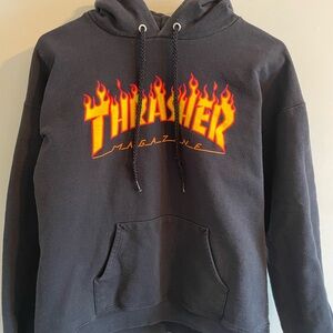 Thrasher Black Pullover Hoodie with Red and Yellow Flame Logo